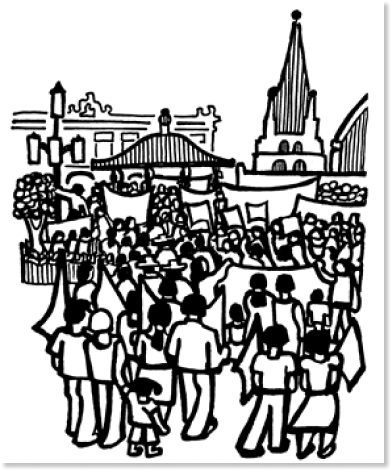 A line drawing of a group of people marching with signs.